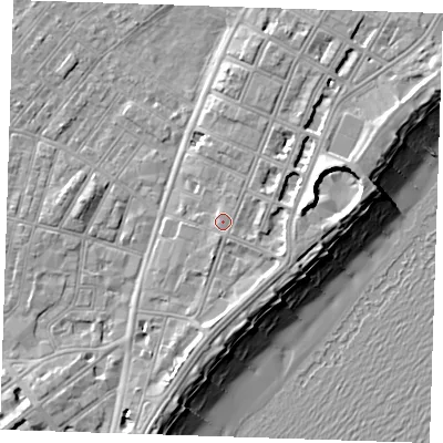 Shaded relief map of the ground around BN227BU, computed from Environment Agency LiDAR. The ground here sits at about 5 m above sea level and falls 12 m across the surrounding 800 m. Surface water reaching this point runs off ground lying to the south-south-east, 0.9 m higher.