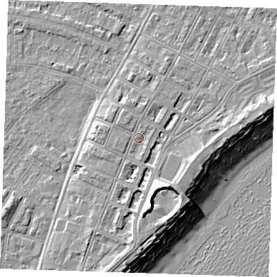 Shaded relief map of the ground around BN227DR, computed from Environment Agency LiDAR. The ground here sits at about 5 m above sea level and falls 12 m across the surrounding 800 m. Surface water reaching this point runs off ground lying to the south, 3.0 m higher.