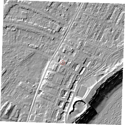 Shaded relief map of the ground around BN227EH, computed from Environment Agency LiDAR. The ground here sits at about 5 m above sea level and falls 12 m across the surrounding 800 m. Surface water reaching this point runs off ground lying to the south, 2.2 m higher.