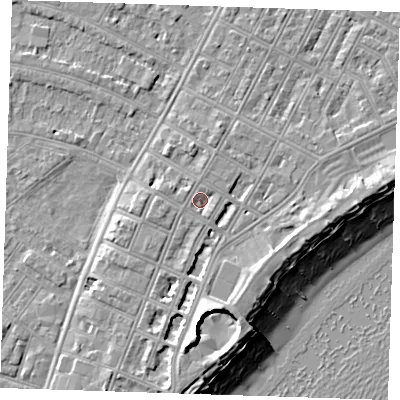 Shaded relief map of the ground around BN227EL, computed from Environment Agency LiDAR. The ground here sits at about 4 m above sea level and falls 12 m across the surrounding 800 m. Surface water reaching this point runs off ground lying to the south-south-east, 1.3 m higher.