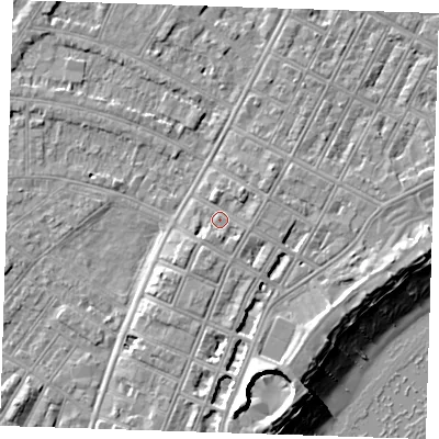 Shaded relief map of the ground around BN227EN, computed from Environment Agency LiDAR. The ground here sits at about 4 m above sea level and falls 12 m across the surrounding 800 m. Surface water reaching this point runs off ground lying to the south, 1.7 m higher.