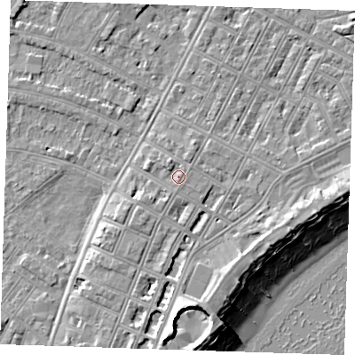 Shaded relief map of the ground around BN227EP, computed from Environment Agency LiDAR. The ground here sits at about 4 m above sea level and falls 12 m across the surrounding 800 m. Surface water reaching this point runs off ground lying to the north-north-west, 1.3 m higher.