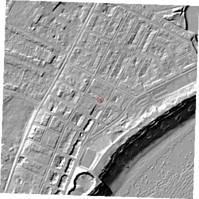 Shaded relief map of the ground around BN227ER, computed from Environment Agency LiDAR. The ground here sits at about 4 m above sea level and falls 12 m across the surrounding 800 m. Surface water reaching this point runs off ground lying to the south-south-west, 5.7 m higher.