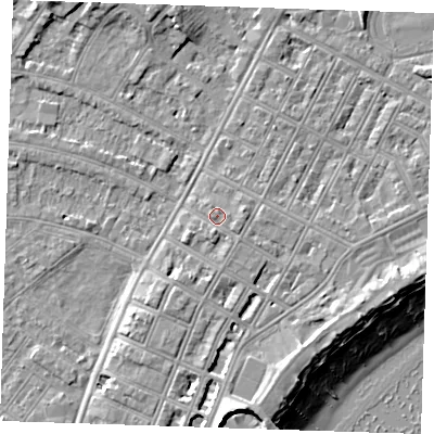 Shaded relief map of the ground around BN227ES, computed from Environment Agency LiDAR. The ground here sits at about 4 m above sea level and falls 12 m across the surrounding 800 m. Surface water reaching this point runs off ground lying to the east, 1.2 m higher.