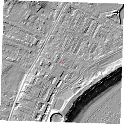 Shaded relief map of the ground around BN227ET, computed from Environment Agency LiDAR. The ground here sits at about 4 m above sea level and falls 12 m across the surrounding 800 m. Surface water reaching this point runs off ground lying to the south, 0.7 m higher.