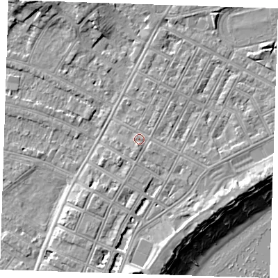 Shaded relief map of the ground around BN227EU, computed from Environment Agency LiDAR. The ground here sits at about 4 m above sea level and falls 12 m across the surrounding 800 m. Surface water reaching this point runs off ground lying to the south, 1.3 m higher.