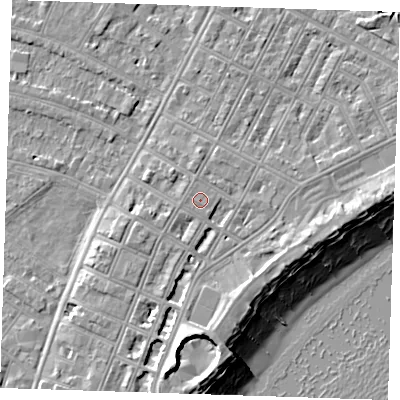 Shaded relief map of the ground around BN227EW, computed from Environment Agency LiDAR. The ground here sits at about 4 m above sea level and falls 12 m across the surrounding 800 m. The ground contributing surface water to this point lies to the west.