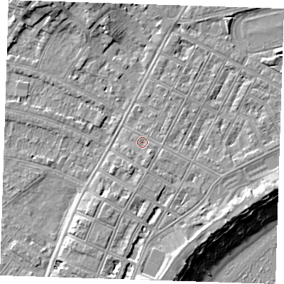 Shaded relief map of the ground around BN227EX, computed from Environment Agency LiDAR. The ground here sits at about 4 m above sea level and falls 11 m across the surrounding 800 m. Surface water reaching this point runs off ground lying to the south-east, 1.5 m higher.