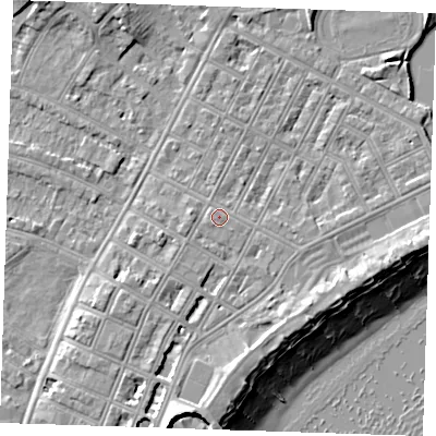 Shaded relief map of the ground around BN227EY, computed from Environment Agency LiDAR. The ground here sits at about 4 m above sea level and falls 12 m across the surrounding 800 m. Surface water reaching this point runs off ground lying to the south-south-west, 5.7 m higher.