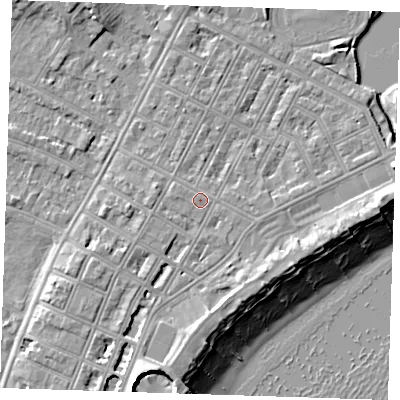 Shaded relief map of the ground around BN227EZ, computed from Environment Agency LiDAR. The ground here sits at about 4 m above sea level and falls 12 m across the surrounding 800 m. Surface water reaching this point runs off ground lying to the south-south-west, 5.7 m higher.
