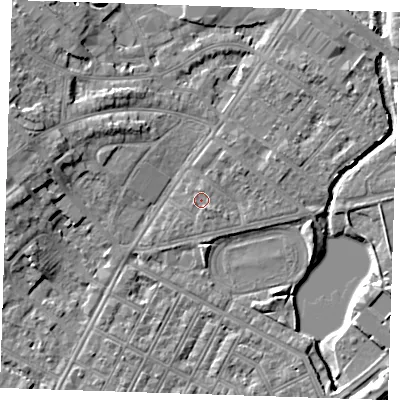 Shaded relief map of the ground around BN227FA, computed from Environment Agency LiDAR. The ground here sits at about 4 m above sea level and falls 8 m across the surrounding 800 m. Surface water reaching this point runs off ground lying to the south-south-east, 0.8 m higher.
