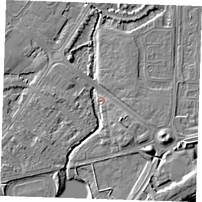 Shaded relief map of the ground around BN227FJ, computed from Environment Agency LiDAR. The ground here sits at about 4 m above sea level and falls 7 m across the surrounding 800 m. Surface water reaching this point runs off ground lying to the south-east, 5.5 m higher.