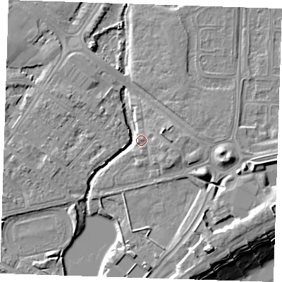 Shaded relief map of the ground around BN227FL, computed from Environment Agency LiDAR. The ground here sits at about 4 m above sea level and falls 13 m across the surrounding 800 m. Surface water reaching this point runs off ground lying to the east-north-east, 5.5 m higher.