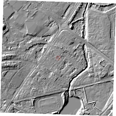 Shaded relief map of the ground around BN227FQ, computed from Environment Agency LiDAR. The ground here sits at about 3 m above sea level and falls 7 m across the surrounding 800 m. Surface water reaching this point runs off ground lying to the north-north-west, 0.7 m higher.