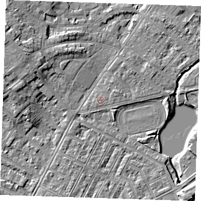 Shaded relief map of the ground around BN227GA, computed from Environment Agency LiDAR. The ground here sits at about 4 m above sea level and falls 8 m across the surrounding 800 m. The ground contributing surface water to this point lies to the south.