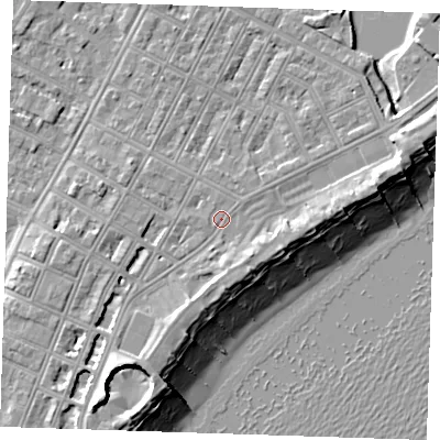 Shaded relief map of the ground around BN227GB, computed from Environment Agency LiDAR. The ground here sits at about 4 m above sea level and falls 12 m across the surrounding 800 m. Surface water reaching this point runs off ground lying to the east, 2.8 m higher.