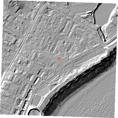 Shaded relief map of the ground around BN227HA, computed from Environment Agency LiDAR. The ground here sits at about 4 m above sea level and falls 12 m across the surrounding 800 m. The ground contributing surface water to this point lies to the south-south-west.