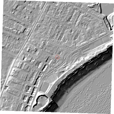 Shaded relief map of the ground around BN227HB, computed from Environment Agency LiDAR. The ground here sits at about 4 m above sea level and falls 12 m across the surrounding 800 m. Surface water reaching this point runs off ground lying to the south-south-west, 5.7 m higher.