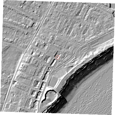 Shaded relief map of the ground around BN227HD, computed from Environment Agency LiDAR. The ground here sits at about 3 m above sea level and falls 12 m across the surrounding 800 m. Surface water reaching this point runs off ground lying to the south-south-west, 5.7 m higher.