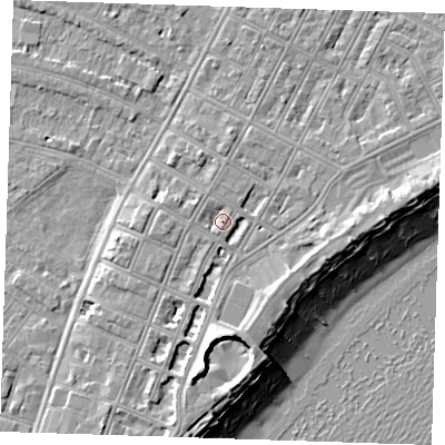 Shaded relief map of the ground around BN227HE, computed from Environment Agency LiDAR. The ground here sits at about 4 m above sea level and falls 12 m across the surrounding 800 m. Surface water reaching this point runs off ground lying to the south, 5.7 m higher.
