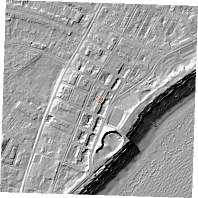 Shaded relief map of the ground around BN227HG, computed from Environment Agency LiDAR. The ground here sits at about 5 m above sea level and falls 12 m across the surrounding 800 m. Surface water reaching this point runs off ground lying to the south-south-west, 1.1 m higher.