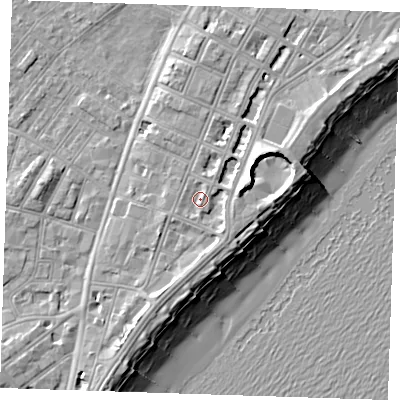Shaded relief map of the ground around BN227HN, computed from Environment Agency LiDAR. The ground here sits at about 5 m above sea level and falls 12 m across the surrounding 800 m. Surface water reaching this point runs off ground lying to the east-north-east, 4.9 m higher.