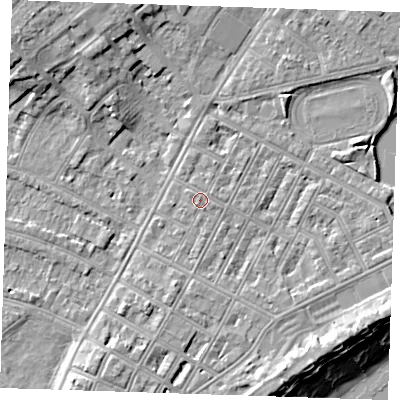 Shaded relief map of the ground around BN227JA, computed from Environment Agency LiDAR. The ground here sits at about 4 m above sea level and falls 13 m across the surrounding 800 m. The ground contributing surface water to this point lies to the north-west.