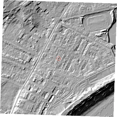 Shaded relief map of the ground around BN227JB, computed from Environment Agency LiDAR. The ground here sits at about 4 m above sea level and falls 12 m across the surrounding 800 m. Surface water reaching this point runs off ground lying to the north-north-east, 0.7 m higher.