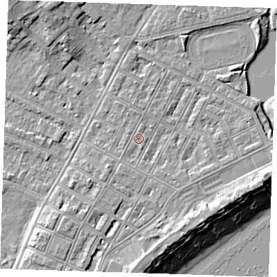 Shaded relief map of the ground around BN227JD, computed from Environment Agency LiDAR. The ground here sits at about 4 m above sea level and falls 12 m across the surrounding 800 m. Surface water reaching this point runs off ground lying to the north, 0.6 m higher.