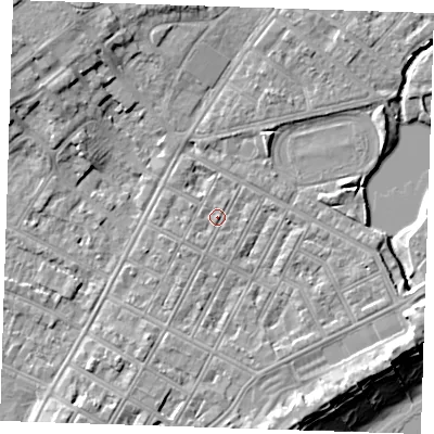 Shaded relief map of the ground around BN227JE, computed from Environment Agency LiDAR. The ground here sits at about 4 m above sea level and falls 12 m across the surrounding 800 m. Surface water reaching this point runs off ground lying to the south-west, 0.9 m higher.