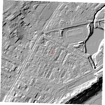 Shaded relief map of the ground around BN227JF, computed from Environment Agency LiDAR. The ground here sits at about 3 m above sea level and falls 11 m across the surrounding 800 m. Surface water reaching this point runs off ground lying to the south-south-west, 0.7 m higher.