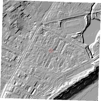 Shaded relief map of the ground around BN227JG, computed from Environment Agency LiDAR. The ground here sits at about 4 m above sea level and falls 12 m across the surrounding 800 m. Surface water reaching this point runs off ground lying to the south-east, 2.2 m higher.