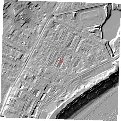 Shaded relief map of the ground around BN227JH, computed from Environment Agency LiDAR. The ground here sits at about 3 m above sea level and falls 11 m across the surrounding 800 m. Surface water reaching this point runs off ground lying to the south-east, 3.7 m higher.