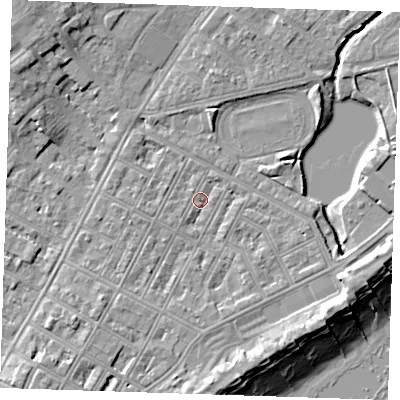 Shaded relief map of the ground around BN227JJ, computed from Environment Agency LiDAR. The ground here sits at about 3 m above sea level and falls 11 m across the surrounding 800 m. Surface water reaching this point runs off ground lying to the south-south-east, 2.2 m higher.