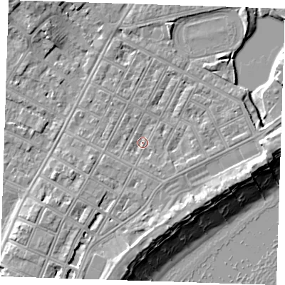 Shaded relief map of the ground around BN227JL, computed from Environment Agency LiDAR. The ground here sits at about 3 m above sea level and falls 11 m across the surrounding 800 m. Surface water reaching this point runs off ground lying to the south-east, 1.1 m higher.
