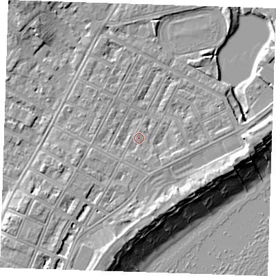 Shaded relief map of the ground around BN227JN, computed from Environment Agency LiDAR. The ground here sits at about 4 m above sea level and falls 11 m across the surrounding 800 m. Surface water reaching this point runs off ground lying to the south-south-east, 1.1 m higher.