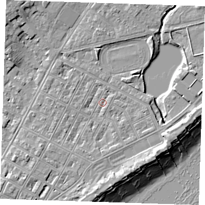 Shaded relief map of the ground around BN227JP, computed from Environment Agency LiDAR. The ground here sits at about 3 m above sea level and falls 11 m across the surrounding 800 m. Surface water reaching this point runs off ground lying to the south, 2.1 m higher.