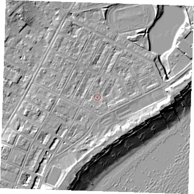 Shaded relief map of the ground around BN227JQ, computed from Environment Agency LiDAR. The ground here sits at about 4 m above sea level and falls 11 m across the surrounding 800 m. Surface water reaching this point runs off ground lying to the east-south-east, 1.2 m higher.