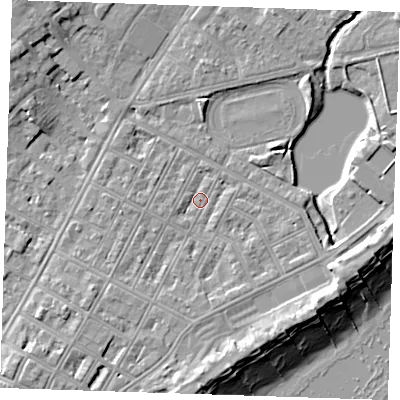 Shaded relief map of the ground around BN227JR, computed from Environment Agency LiDAR. The ground here sits at about 3 m above sea level and falls 11 m across the surrounding 800 m. Surface water reaching this point runs off ground lying to the south-south-east, 2.2 m higher.