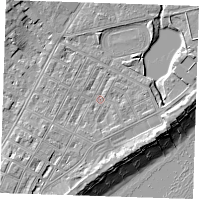 Shaded relief map of the ground around BN227JS, computed from Environment Agency LiDAR. The ground here sits at about 3 m above sea level and falls 11 m across the surrounding 800 m. Surface water reaching this point runs off ground lying to the south-south-east, 2.1 m higher.