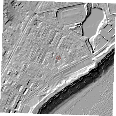 Shaded relief map of the ground around BN227JT, computed from Environment Agency LiDAR. The ground here sits at about 3 m above sea level and falls 11 m across the surrounding 800 m. Surface water reaching this point runs off ground lying to the south-south-east, 1.8 m higher.