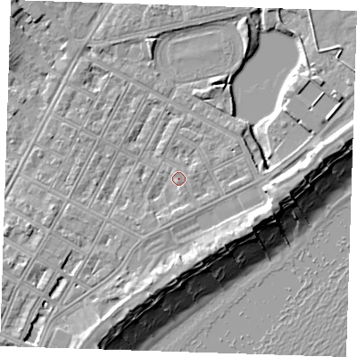 Shaded relief map of the ground around BN227JX, computed from Environment Agency LiDAR. The ground here sits at about 4 m above sea level and falls 11 m across the surrounding 800 m. Surface water reaching this point runs off ground lying to the south-south-west, 1.8 m higher.