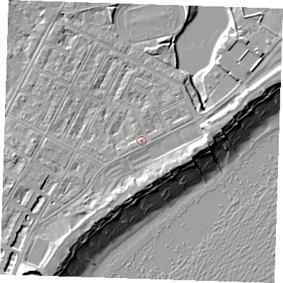 Shaded relief map of the ground around BN227JY, computed from Environment Agency LiDAR. The ground here sits at about 4 m above sea level and falls 12 m across the surrounding 800 m. Surface water reaching this point runs off ground lying to the south-west, 1.0 m higher.