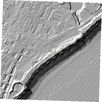 Shaded relief map of the ground around BN227LA, computed from Environment Agency LiDAR. The ground here sits at about 4 m above sea level and falls 12 m across the surrounding 800 m. Surface water reaching this point runs off ground lying to the east, 2.8 m higher.