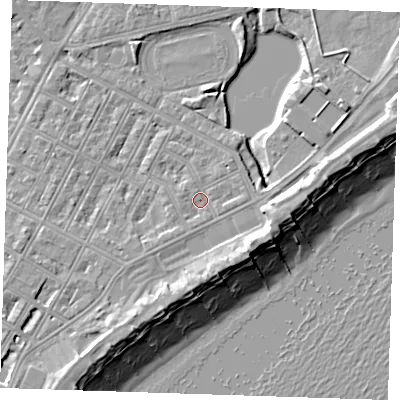 Shaded relief map of the ground around BN227LE, computed from Environment Agency LiDAR. The ground here sits at about 4 m above sea level and falls 11 m across the surrounding 800 m. Surface water reaching this point runs off ground lying to the south-east, 4.0 m higher.