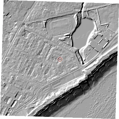 Shaded relief map of the ground around BN227LF, computed from Environment Agency LiDAR. The ground here sits at about 3 m above sea level and falls 11 m across the surrounding 800 m. Surface water reaching this point runs off ground lying to the south, 1.2 m higher.