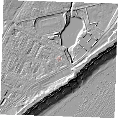 Shaded relief map of the ground around BN227LG, computed from Environment Agency LiDAR. The ground here sits at about 4 m above sea level and falls 11 m across the surrounding 800 m. Surface water reaching this point runs off ground lying to the south-east, 0.7 m higher.
