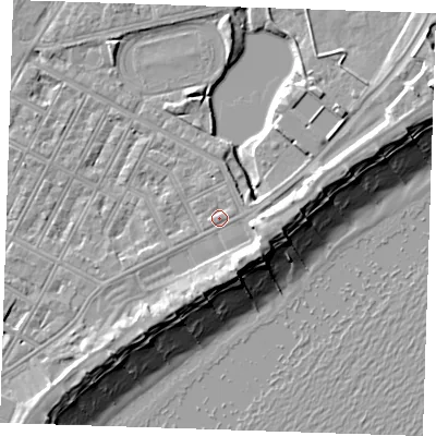 Shaded relief map of the ground around BN227LH, computed from Environment Agency LiDAR. The ground here sits at about 4 m above sea level and falls 13 m across the surrounding 800 m. Surface water reaching this point runs off ground lying to the south-south-east, 3.3 m higher.