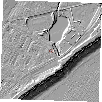 Shaded relief map of the ground around BN227LJ, computed from Environment Agency LiDAR. The ground here sits at about 4 m above sea level and falls 13 m across the surrounding 800 m. Surface water reaching this point runs off ground lying to the east, 1.1 m higher.
