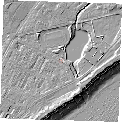 Shaded relief map of the ground around BN227LL, computed from Environment Agency LiDAR. The ground here sits at about 4 m above sea level and falls 11 m across the surrounding 800 m. Surface water reaching this point runs off ground lying to the east-south-east, 1.4 m higher.